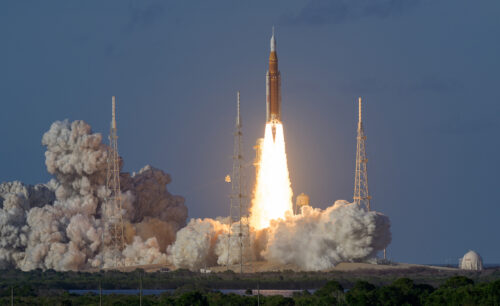 NASA’s Space Launch System rocket launches carrying the Orion spacecraft with NASA astronauts Reid Wiseman, commander; Victor Glover, pilot; Christina Koch, mission specialist; and CSA (Canadian Space Agency) astronaut Jeremy Hansen, mission specialist on NASA’s Artemis II mission, Wednesday, April 1, 2026, from Operations and Support Building II at NASA’s Kennedy Space Center in Florida. NASA’s Artemis II mission will take Wiseman, Glover, Koch, and Hansen on a 10-day journey around the Moon and back aboard SLS rocket and Orion spacecraft launched at 6:35pm EDT from Launch Complex 39B. Photo Credit: (NASA/Bill Ingalls)